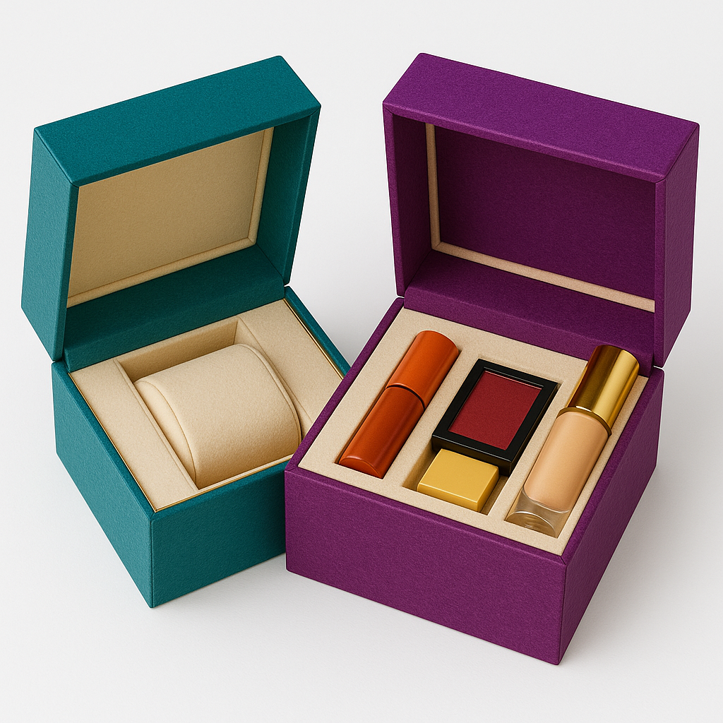Luxury rigid gift boxes with custom inserts for watch and jewelry sets