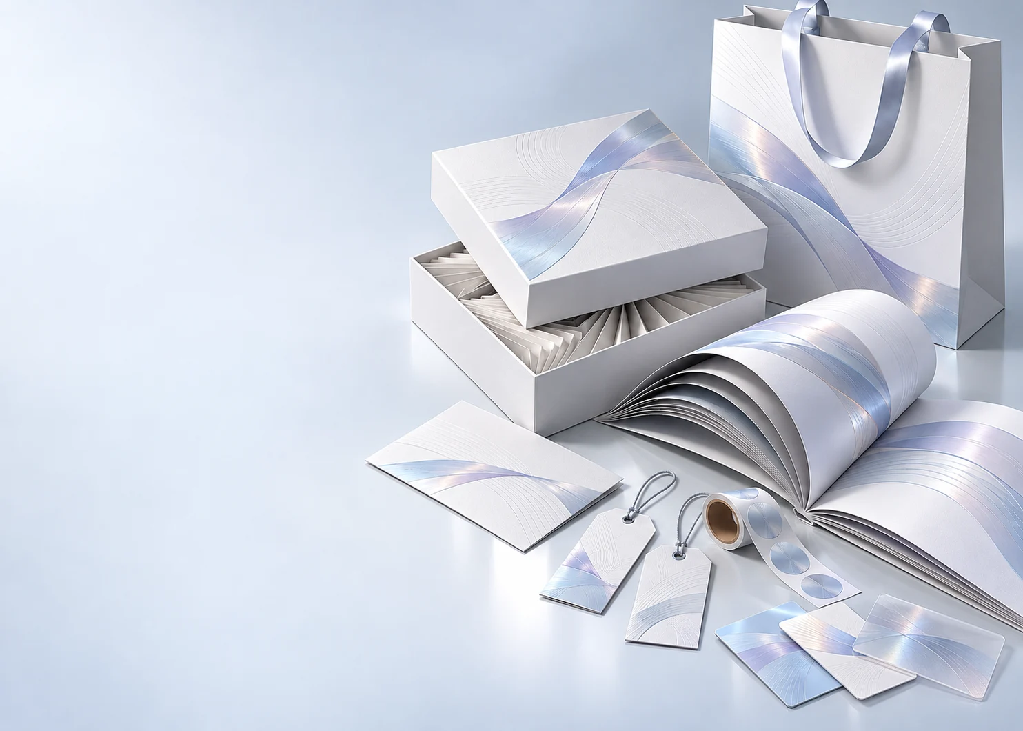 Coordinated custom packaging, paper bag, printed materials, labels, tags and cards